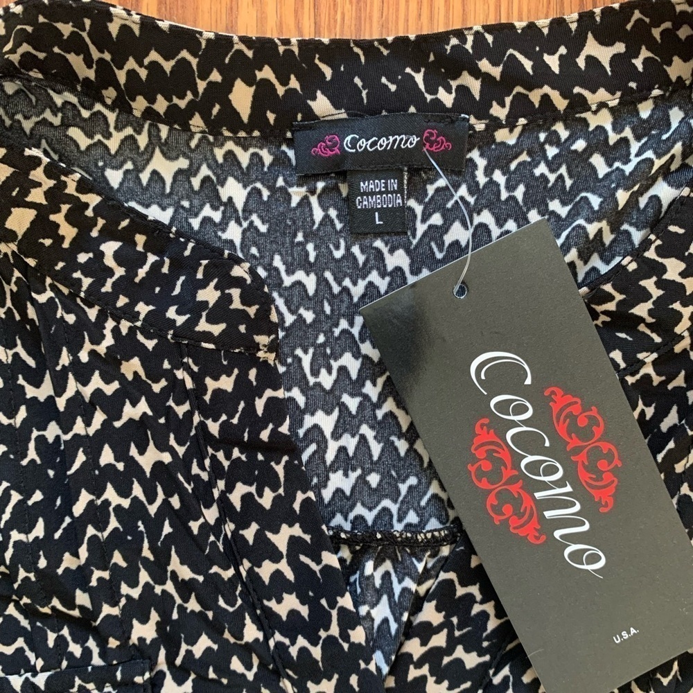 COCOMO Large Black Beige 3/4 sleeve women’s Pintuck Blouse top shirt tun… - Picture 9 of 13